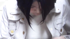 Asian girlie in very short skirt pissing in public