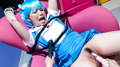 Gagged girl in blue wig gets toy stimulated