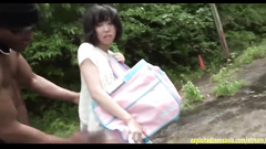 Japanese teen chick Imanami Sona got fucked by two dudes outdoors