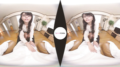 Steaming sexy shaped Japanese girl with big glasses is fucking hard in VR porn