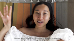 Adorable Asian in a sexy white outfit takes white D